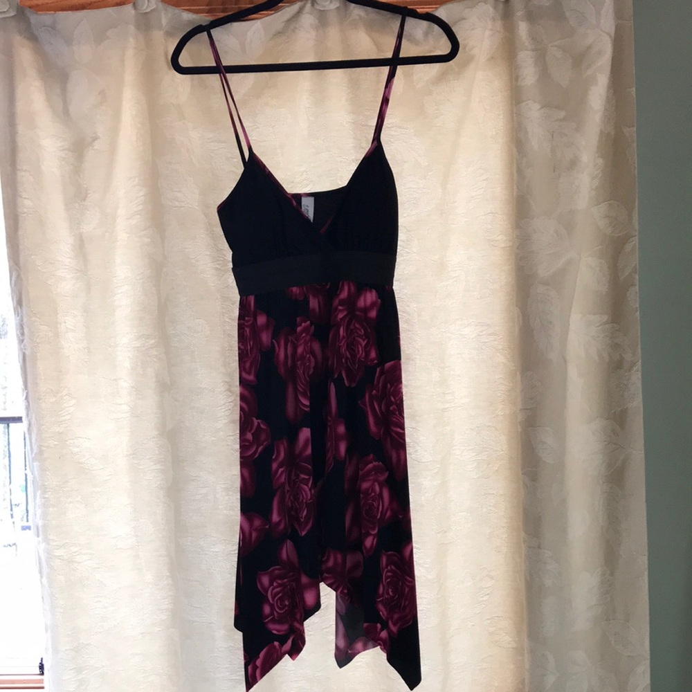 C. Graffiti Flower Dress, Vintage,Dress with Roses, Handkerchief Hem, size Small